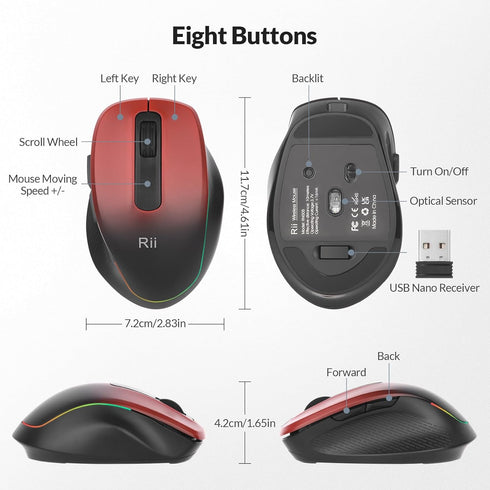 Rii 2.4 1000/1200/1600 Wireless Mouse Rechargeable, GHz with USB Receiver, DPI, Ergonomic Grips, Silent Keys, Cordless