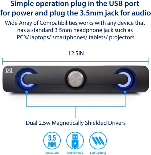 Desktop Compact Wired Multimedia Mini Stereo Sound Bar, USB Powered, 3.5mm Audio Jack, Blue LED, 2.5 Watts