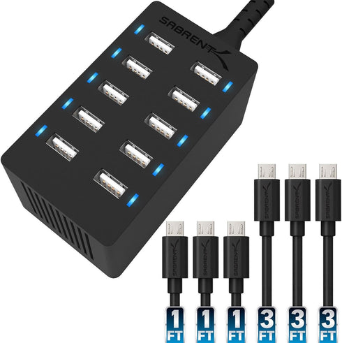 SABRENT 60 Watt 10-Port Family-Sized Desktop USB Rapid Charger, 6 Micro USB Cables, Black