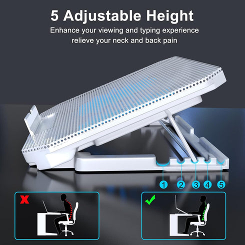 Laptop Cooling Pad with Adjustable Height, Two 5.1 Inches Fans, Suitable for 12"-15.6" Laptops (White)
