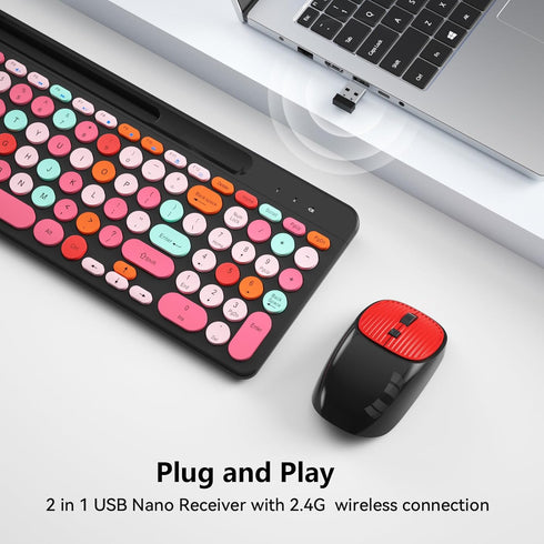 Wireless Keyboard and Mouse Combo, Retro Typewriter Wireless Keyboard with Round Keycaps, 2.4GHz Compact USB Cute
