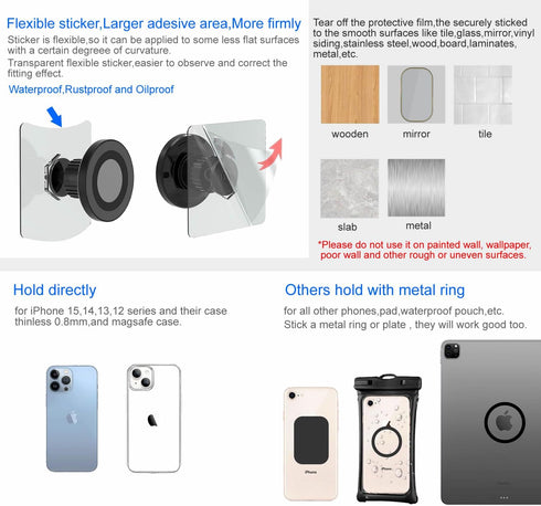 Magnetic Phone Holder for MagSafe Wall Mount, Waterproof, Self-Adhesive, Rotatable Ball, Compatible with iPhone 15/14/13