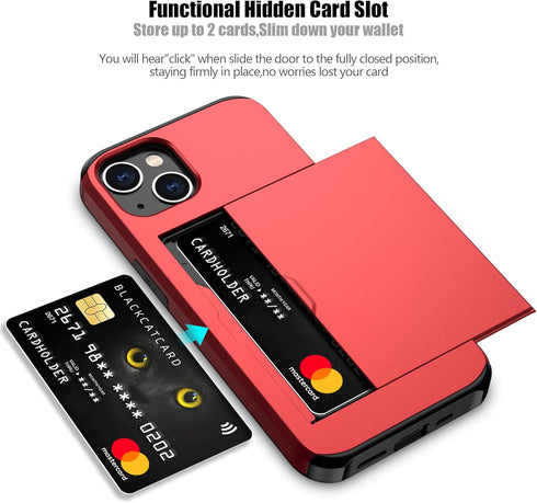 Nvollnoe for iPhone 13 Case with Card Holder Heavy Duty Protective Dual Layer Shockproof Hidden Card Slot Slim Wallet Case for iPhone 13 for Women&Men(Red)