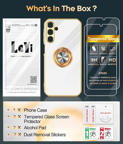 LeYi Samsung A15 5G Case with Tempered Glass Screen Protector, White 360° Rotatable Ring Holder Magnetic Kickstand