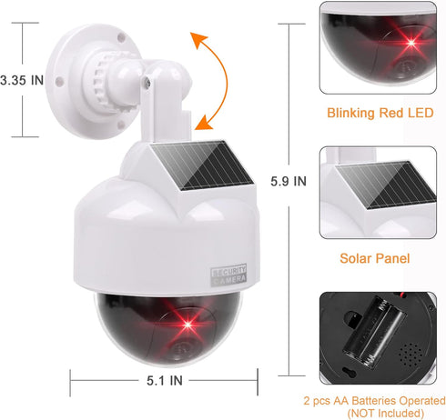 Solar Powered Dummy Fake CCTV Security Dome Camera with Flashing Red LED Light & Warning Security Alert Sticker Decal