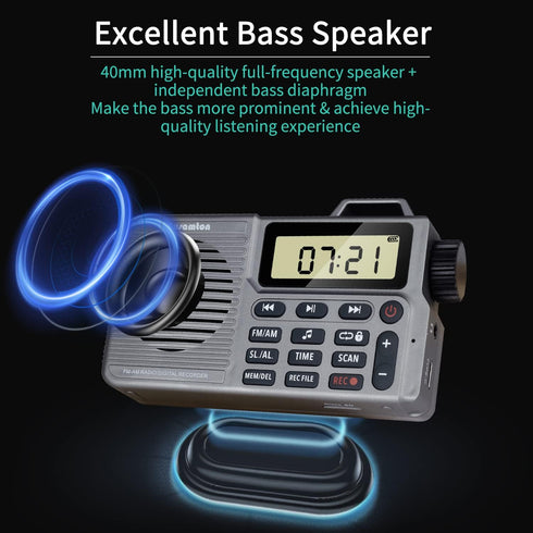 Portable AM/FM Radio, Small Pocket Radio with Bass Speaker, Long Battery Life, Support Micro SD Card and Record, Alarm