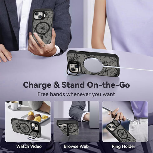 OOK Magnetic Case for iPhone 13 with Kickstand, Built-in Camera Stash Stand, Slim Translucent Matte Case, Black Floral