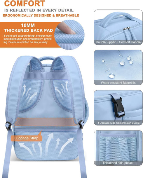 Waterproof Travel Backpack for Women Men, Flight Approved Carry On Overnight Bag for 17'' Laptop, Light Blue