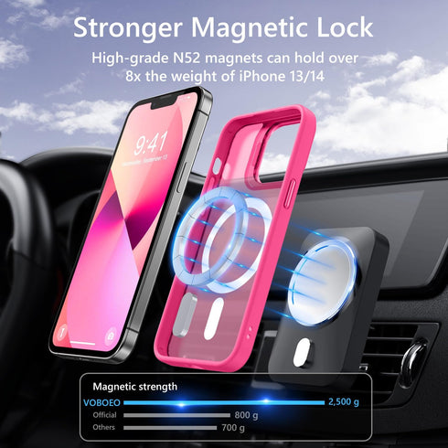 Hot Pink Magnetic Case for iPhone 13 & 14, Shockproof, Matte Scratch-Resistant, Built-in Stash Stand, Magsafe
