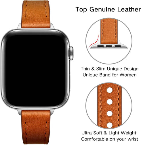 OUHENG Slim Bands for Apple Watch, 42mm 41mm 40mm 38mm, Women Genuine Leather Replacement Thin Strap (Brown/Silver)