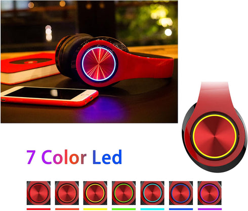 Bluetooth Over Ear Headphones with Microphone, Lightweight Wired/Wireless HiFi Stereo, Colorful LED Lights, Deep Bass