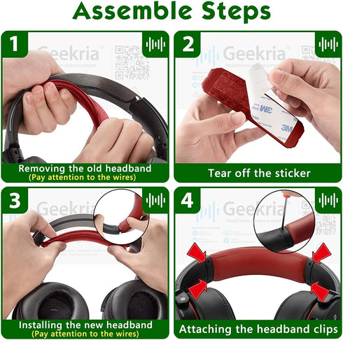 Geekria Protein Leather Headband Pad for Sony MDR-XB950BT, Headphones Replacement Band (Red)