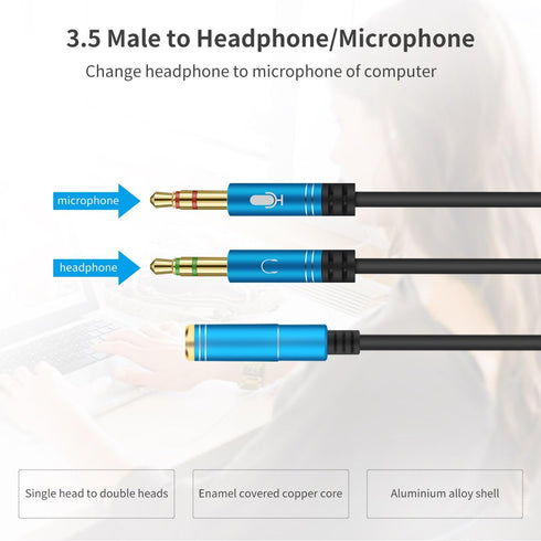 Headphone Y Cable Splitter Adapter for Computer, 3.5mm Female to 2 Dual 3.5mm Male, Gold-Plated Audio Mic Y Cable