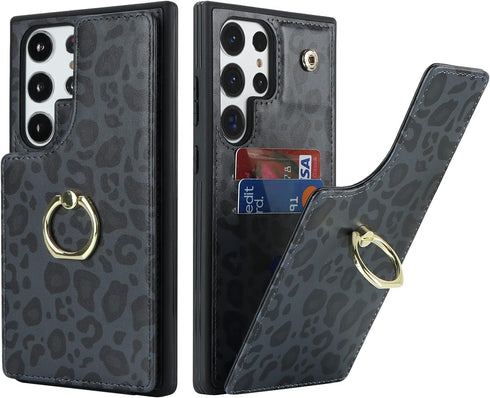 Galaxy S23 Ultra Case with Card Holder, Wallet for Women, Credit Card Holder, Ring Stand, Cute Phone Wallet 6.8" (Black