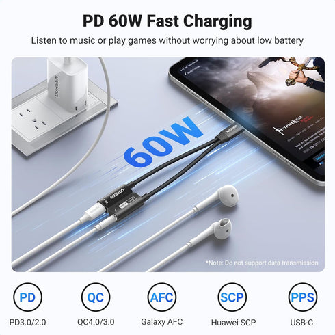 UGREEN Magnetic USB C to 3.5mm Audio Adapter and Charger, 2 in 1 Hi-Res 32bit/384kHz Aux to USB C with PD 60W Fast