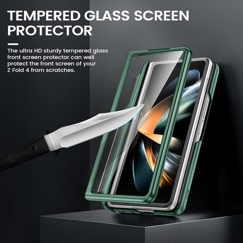 VEGO Protective Armor Case for Galaxy Z Fold 4 with S Pen Holder, Hinge Protection, 360° Ring Kickstand, Green