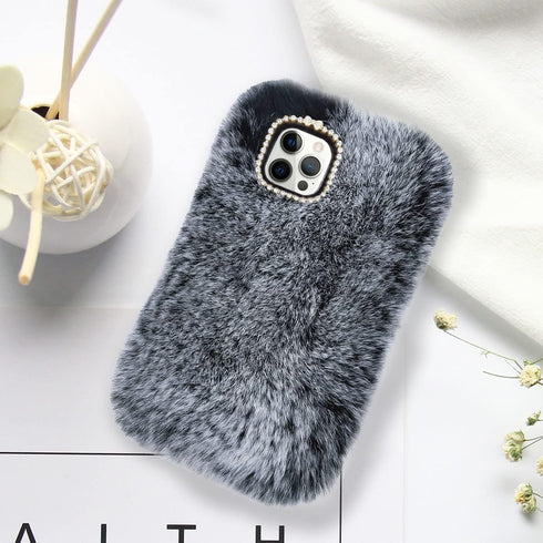 Cute Plush Case for iPhone 15 Pro by Losin - Dark Gray, Soft Fluffy Cover with Glitter Lanyard & Diamond Lens Protector.