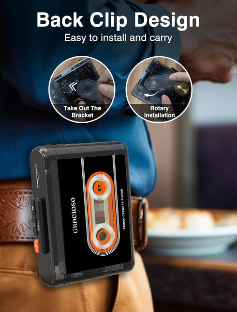 Gracioso Cassette 1100mAH Cassette Cassette Bluetooth Tape Player with Rechargeable Battery, Compact Vintage Player