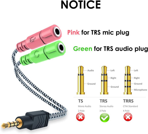 MillSO Headset Adapter, 3.3 Feet 3.5mm Mic and Audio Headphone Splitter for Dual-plug Headset to PS4, Xbox One
