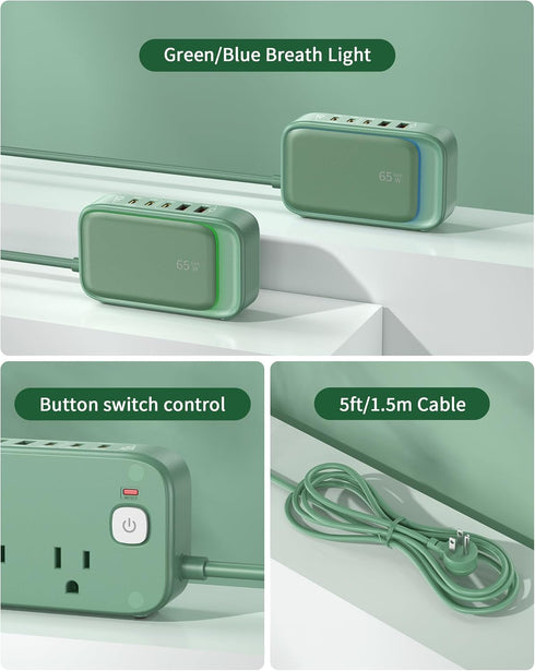 VPSUN 65W 7-in-1 2 3 2 5FT Travel Power Strip, Fast USB Charging Station Max USB Charger with Outlets USB C & USB A
