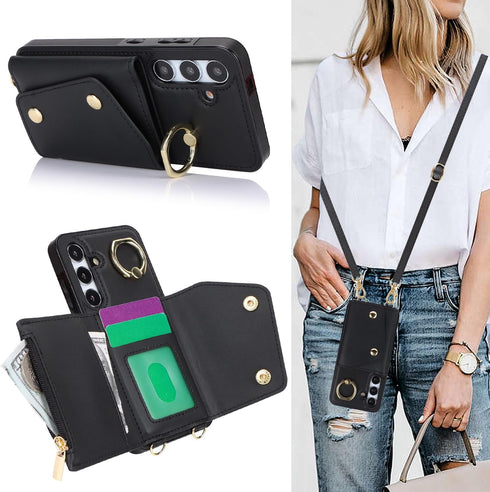 Samsung Galaxy S24 Plus / S24+ Phone Case for Women, Crossbody Wallet Case with Credit Card Holder, Shockproof Black