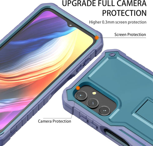 DUOPAL Galaxy A14 Case: Military Grade Shockproof Protection, HD Tempered Glass, Kickstand, 6.8" (Purple Blue)