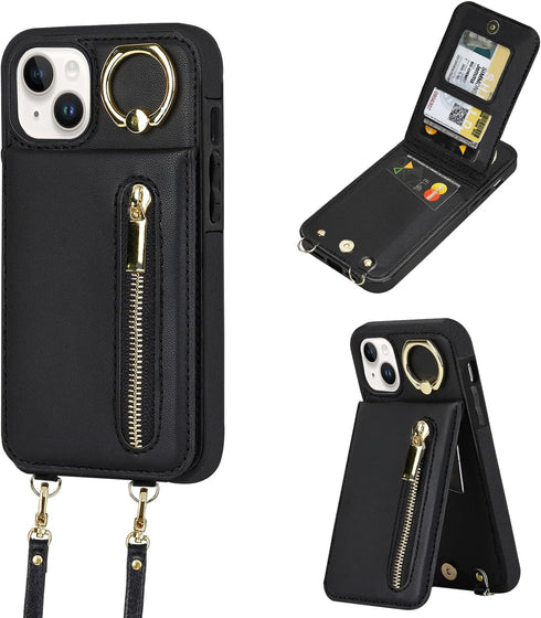 uCOLOR iPhone 13/14/15 Wallet Case for Women, Black Crossbody Zipper Leather Case with Card Holders and RFID Protection