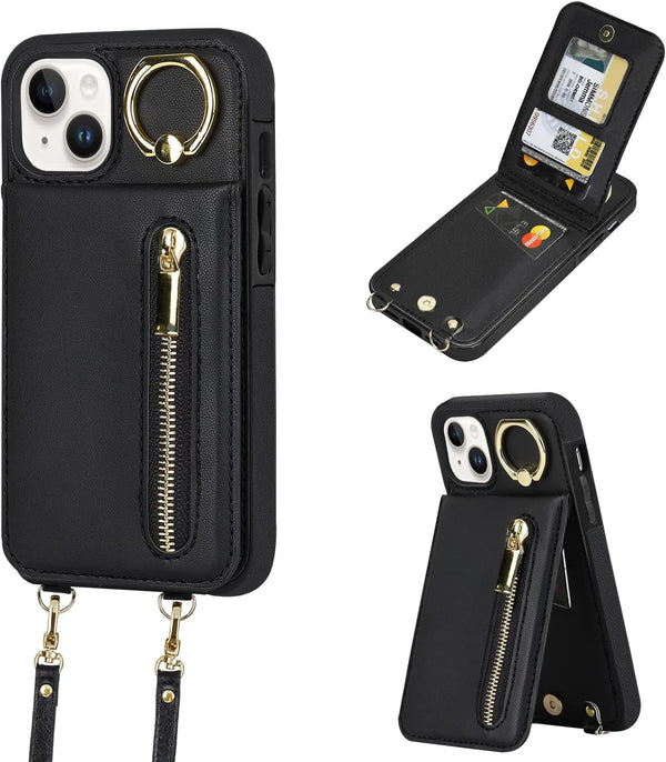 uCOLOR iPhone 13/14/15 Wallet Case for Women, Black Crossbody Zipper Leather Case with Card Holders and RFID Protection