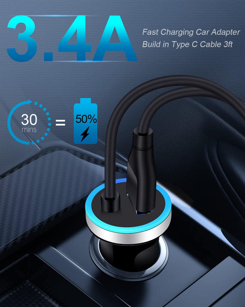 Cell Phone Car Charger for Samsung Galaxy A25 A15 5G A13 A14 A24 A03s A73 A71 A50 S24 S23 S22 Ultra S21 S20, USB C