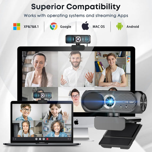 Shcngqio 1080P HD Webcam with Microphone, Noise Cancellation, Privacy Cover, Wide-Angle Lens, Auto Light Correction