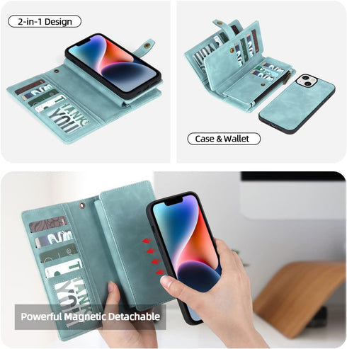 TwoHead 13 13 Designed for iPhone Wallet Case with Card Holder,Detachable Magnetic Phone Case with Wallet PU Leather
