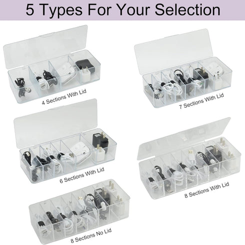 Electronics Organizer Clear Acrylic Cable Storage Bin Box, 4 Sections with 20 PCS Reusable Fastening Ties
