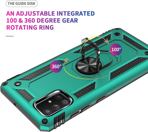 Samsung A71 5G Cellular Phone Case - Military Grade Heavy Duty Protection with Rotating Ring Kickstand