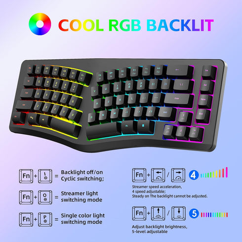 HXMJ Cable,69 -Wired Ergonomic Gaming Keyboard,Mechanical Feel,Detachable USB Keys,RGB Backlit-Black