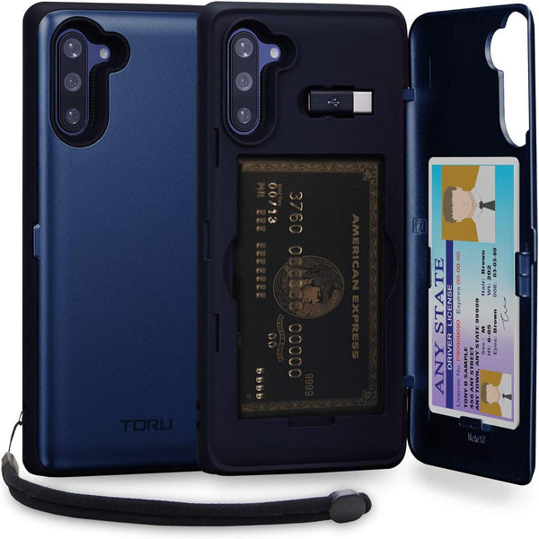 TORU CX PRO Case for Galaxy Note 10, Slim Protective Cover with Card Holder, Hidden Wallet, Kickstand, Blue