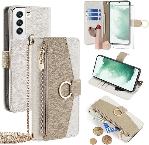 Asuwish Wallet Phone Case for Samsung Galaxy S22 5G - White PU Leather, Screen Protector, Ring Holder, Crossbody Strap.
