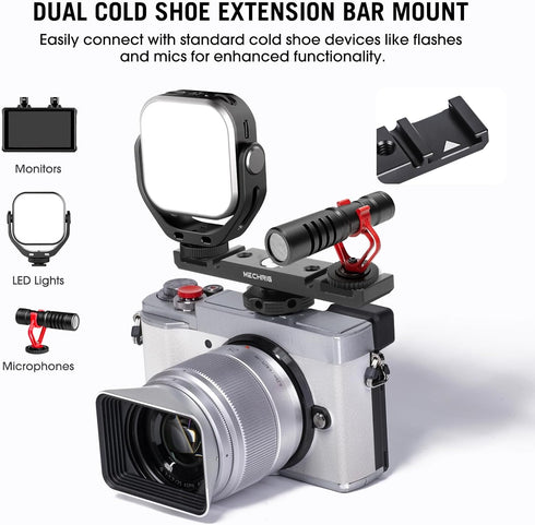 Mechrig 1/4" (62034) Dual Cold Shoe Extension Bar Mount, Aluminum Dual Hot Shoe Mount Bracket with Thread & Cable Slot