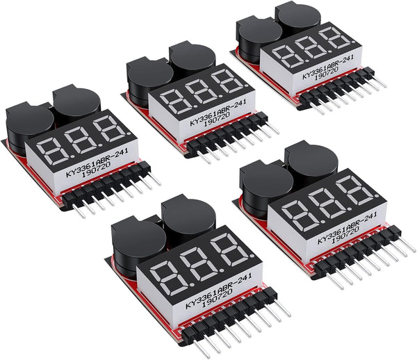 CAMWAY 5PCS 2in1 Lipo Battery Voltage Tester, RC Low Voltage Buzzer Alarm, Battery Monitor Checker for 1-8s Lipo/Li-ion