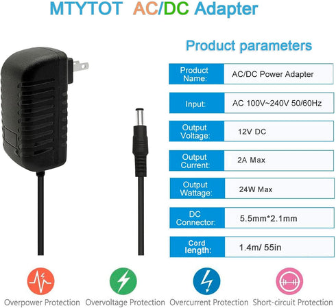 DC 12V 2A Power Adapter 24W 12 Volt 2 Amp AC Adapter 100-240V 50-60Hz AC to 12Volt DC 2A 1.5A 1A Power Supply 12v Transformer 4.6ft Cord with 5.5mm x 2.5mm 2.1mm for LED Strip Light CCTV Camera etc