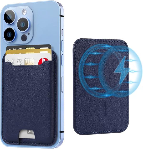 TopMade Magnetic Wallet Card Holder for iPhone 14/13/12 Mag-Safe Series, Leather, RFID Blocking, Fit 4 Cards, Blue