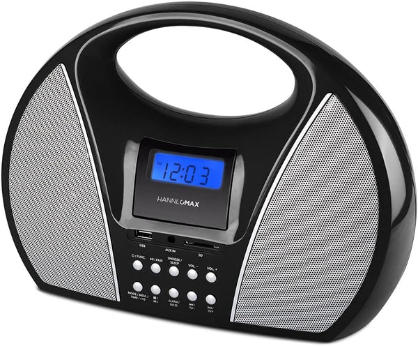 HANNLOMAX HX-510R Portable AM/FM Radio with Bluetooth, USB/SD Port for MP3 Playback, Aux-in, Black
