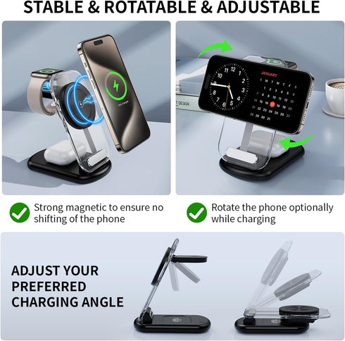 3 in 1 Magnetic Wireless Chargers for iPhone, Fast Foldable Mag-Safe Charger Stand with Night Light for iPhone