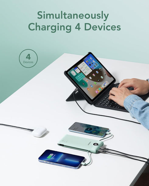 VEGER Portable Charger for iPhone - 10000mAh Slim Fast Charging USB C Power Bank with Built-in Cables, Travel Essential