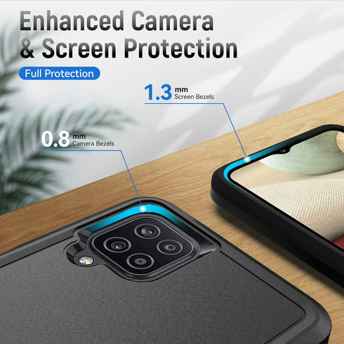 Galaxy A12 Case with Screen Protector, Heavy-Duty Tough Rugged Slim Shockproof Protective Case for Samsung A12, Black