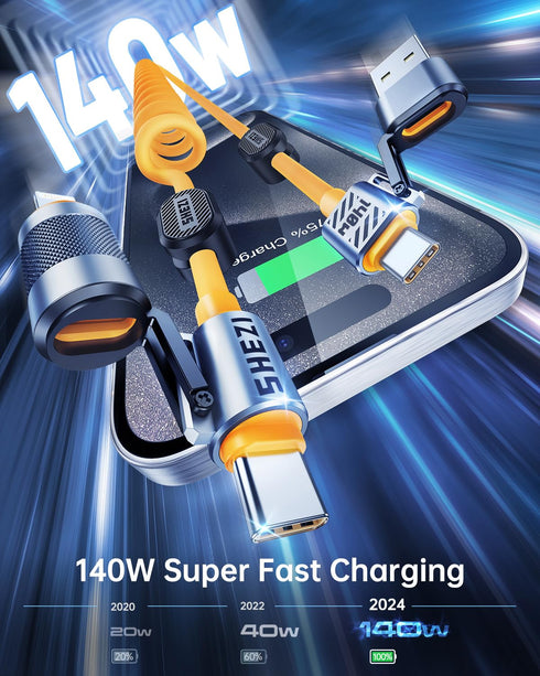 4-in-1 5ft Coiled USB C Cable for Car, 140W Fast Charging, USB C to Lightning Cable with Multi Ports for iPhone iPad