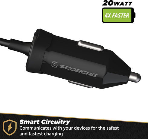 Scosche CPDC203 PowerVolt 20-Watt USB Type-C Power Delivery 3.0 Fast Car Charger with 3-Foot Coiled Cable