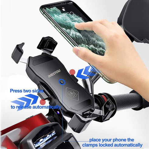 iMESTOU Motorcycle Phone Holder - Wireless Charger and USB 3.0 Quick Charge Mount, Fits 22-32mm Handlebar, Suitable for