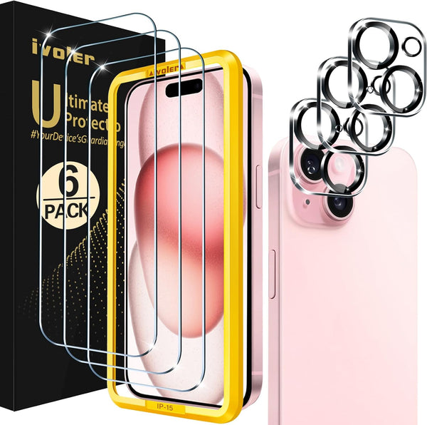 iVoler iPhone 15 6.1" Tempered Glass Screen Protector 3-Pack + Camera Lens Protectors with Alignment Frame, HD Clear