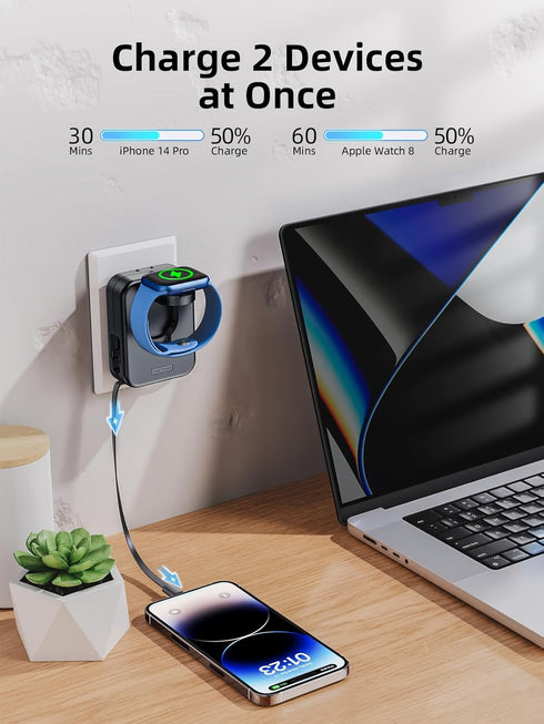 Apple Watch Charger Block, 2 in 1 Wall Charger with Built-in Retractable Charging Cable, Travel Foldable Plug