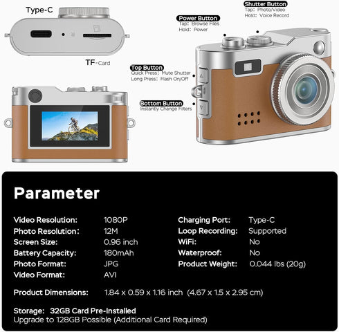 Dienspeak 1080P 12MP 32GB Mini Retro Camera with Video, Photos, Keychain Digital Camera, Ultra-Compact Tiny Camera